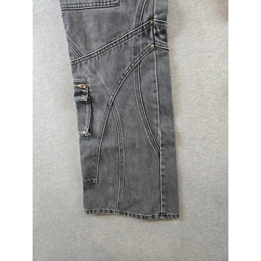 Insain Worldwide Cargo Jeans Mens L 34W Washed Black Streetwear Distressed Flare